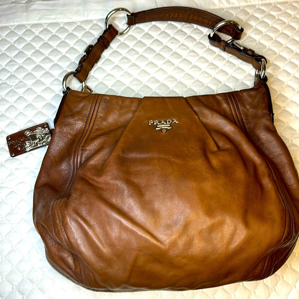 Prada Soft Calf Leather Hobo Brown Purse BR4519